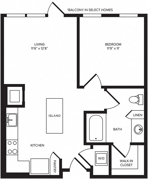 Floor plan for 1 bed, 1 bath, 662 sqft